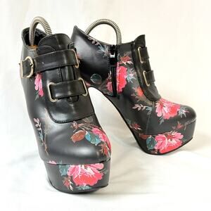 Show Story Black Floral Platform Buckle Bootie Stilettos Punk Size 41 / US 9